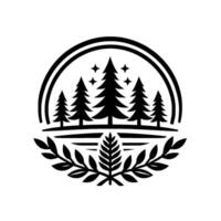Monochromatic circular emblem depicting a forest scene with fir trees under a starry sky, framed by leaves, evoking a sense of nature and tranquility. vector