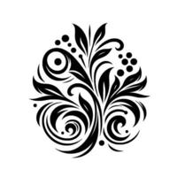An ornate symmetrical black and white floral , composed of leaves, swirls, and dotlike elements, set against a pristine white background. vector