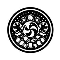 A stylized black and white circular emblem featuring candy canes, lollipops, and decorative elements in a minimalist . vector