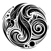 A swirling, intricate black and white circular , featuring organic, stylized shapes reminiscent of flora and flowing elements. vector