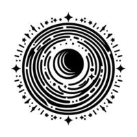Celestial Black and White Illustration Crescent Moon within swirling circles, adorned with stars and dots, resembling a cosmic glyph or emblem, with a minimalist, mystical . vector