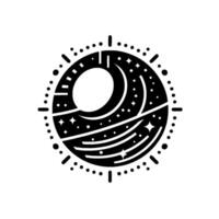 A minimalist black and white celestial illustration, featuring a stylized crescent moon, stars, and concentric circles, evoking a sense of cosmic wonder. vector