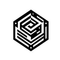 A stark black and white geometric illustration of a threedimensional hexagon containing an intricate mazelike pattern, evoking complexity and challenge. vector
