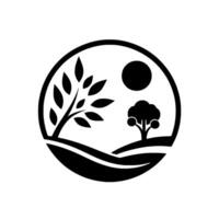 A minimalist black and white circular landscape featuring a tree with leaves, a roundshaped tree, and a sun against a white background. vector