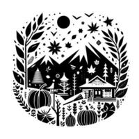 A circular, stylized illustration showcasing a black and white autumn scene mountains, a cabin, pumpkins, leaves, foliage and a pagoda, encapsulated in a circle. vector