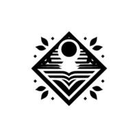 Abstract monochrome geometric featuring an open book and stylized sun within a rhombus frame, adorned with leaves and dots. vector
