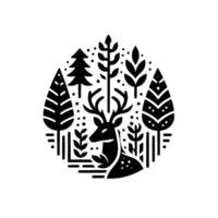 Minimalist Black and White Illustration of a Deer in a Forest Circle, Featuring Trees, Foliage, and a Decorative, Geometric . vector