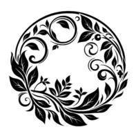 Elegant Black and White Floral , Circular Frame, with Detailed Leaves, Vines, and Decorative Flourishes in a Symmetrical Arrangement. vector