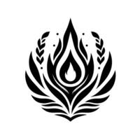 Symmetrical Black and White Botanical Emblem Featuring Flame and Wheat Elements, Evoking Fire and Natures Balance. vector