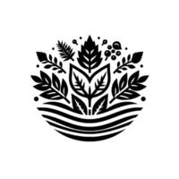 Monochromatic Nature Emblem Stylized leaves, berries, and water lines form a circular, organic evoking harmony and balance on white background. vector