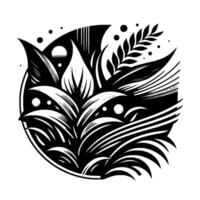 A stylized black and white botanical illustration featuring a circular composition of stylized foliage, leaves, and floral elements, accented with minimalist dots and a sun motif. vector