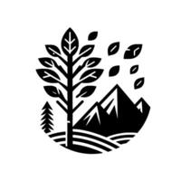 Black and white minimalist nature illustration featuring a tree with falling leaves, mountains, a fir tree, and rolling hills, all within a circular . vector