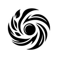 A swirling black and white circular , featuring stylized floral elements and flowing shapes around a central dark eyelike form, set against a pristine white backdrop. vector