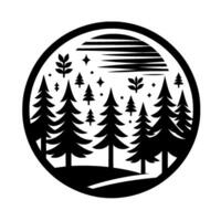 A minimalist, circular forest illustration featuring silhouetted pine trees under a stylized sun with leaf accents and stars, all within a black border. vector