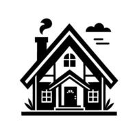 Minimalist black and white illustration of a classic house with a smoking chimney, clouds, windows, and simple foliage details. vector