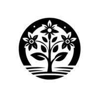 A striking black and white circular featuring a stylized tree with three prominent flowers, encircled by a dark band, evoking simplicity and nature. vector