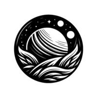 A stylized celestial scene, rendered in black and white, within a circular frame, featuring a planet and starscape above stylized wavelike forms. vector