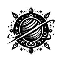 Intricate black and white illustration of a stylized planet within a detailed circular frame, adorned with stars, arrows, and ornamental designs evoking a celestial theme. vector