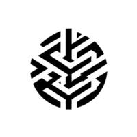 A minimalist, black and white circular featuring a mazelike pattern composed of bold, geometric lines, creating a sense of intricate complexity and optical illusion. vector