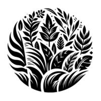 Intricate Black and White Botanical Composition, Showcasing Leafy Elements Arranged Within a Circular , Creating a Monochromatic NatureInspired Artwork. vector