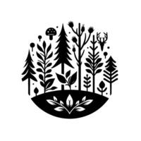 Black and white minimalist woodland scene with stylized trees, leaves, a deer silhouette, and mushroom, arranged within a circular composition. vector