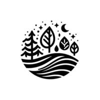Minimalist Black and White Illustration of a Nighttime Forest Scene with Trees, Crescent Moon, Stars, and Rolling Hills within a Circular Frame. vector