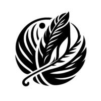 A stylized monochrome emblem of crossed feathers set against a circular, striped background, featuring a dot, exuding elegance. vector