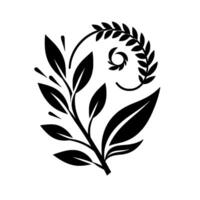 Stylized Black and White Botanical Composition Featuring Leafy Branches and a Spiral of Leaves, Presented Against a Pure White Background. vector