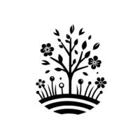 Minimalist Illustration A stylized black tree with leaves and flowers, surrounded by grass and more flowers, set on a curved ground. vector