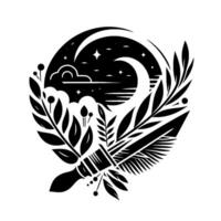 Black and White Dreamscape A Brush Painting the Night Sky with Moon, Stars, and Botanical Embellishments, Creating a Symbolic Composition. vector