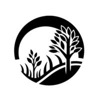 A minimalist black and white featuring a stylized landscape within a circle, depicting trees, grass, and a gentle hill. vector