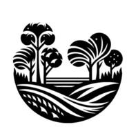 A stylized black and white illustration of a circular landscape featuring trees, fields, and a sunlike shape above, creating a serene and visual. vector