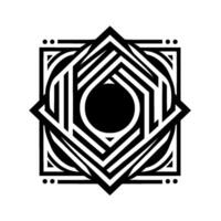 Geometric Monochrome Composition A symmetrical featuring a central black circle and a starlike outline with layered geometric shapes. The contrast is bold, with white lines and a minimalist a vector