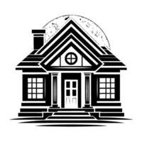Minimalist Black and White House Illustration with Night Sky Background, Featuring a Chimney, Pillars, and Starry Glow. vector