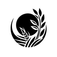 Stylized black and white featuring wheat stalks, leaves, and crescent elements around a central black circle, suggesting a harvest or agricultural theme. vector