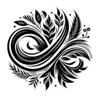 Intricate black and white floral , featuring swirling lines, leaf motifs, and dot accents, creating a harmonious, organic composition against a white backdrop. vector