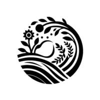 Stylized black and white floral illustration within a circle, featuring a sunflower, foliage, and curved lines suggesting rolling hills, forming a symmetrical, elegant composition. vector