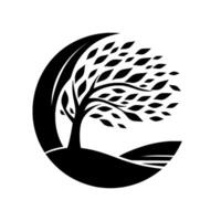 Abstract monochrome depicting a stylized tree within a circular frame, its leaves swept by wind atop a gently sloping hill, embodying growth and resilience. vector