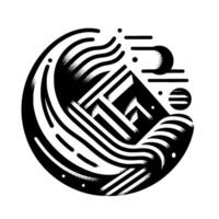 Abstract Black and White Geometric Illustration Mountains, Waves, and Celestial Forms Enclosed in a Circular Composition with Gradient Detailing and a Stylized Aesthetic. vector