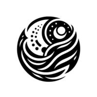 Abstract, circular black and white with celestial and organic elements, featuring dots, crescent shapes, and flowing lines, creating a sense of balance and harmony. vector