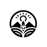 Simplified Mountainscape with Cshaped Sun, Plant, and Booklike Foliage in a Circular Frame. vector