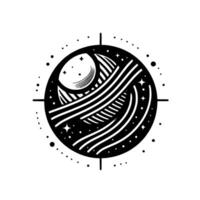 Intricate Black and White Cosmic Illustration Featuring a Crescent Moon, Striped Elements, Stars, and Orbital Paths within a Circular Frame. vector