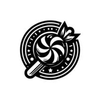 A striking monochrome , featuring a swirl lollipop with elegant floral accents, set within a decorative circular frame, radiating playful, artisanal charm. vector