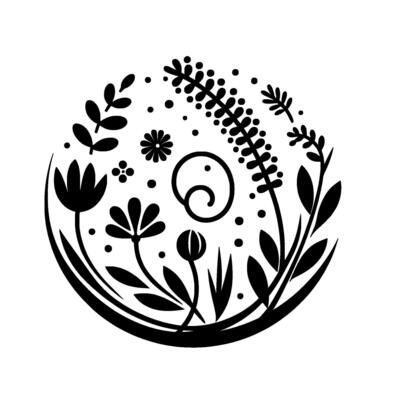 Elegant Black and White Floral Circle Composition Featuring Various Blossoms, Leaves, and Decorative Dots on a Plain White Background.