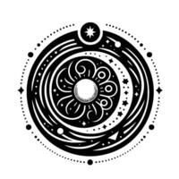 A symmetrical, black and white celestial , featuring concentric circles, stars, and intricate ornamental details evoking cosmic energy and mystical symbolism. vector