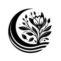 A stylized monochrome floral illustration featuring a blooming flower with intricate leaves and buds, set within a crescent and wavelike elements. vector
