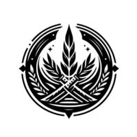 Intricate Black and White Circular Emblem Featuring Featherlike Elements, Crossed Blades, and Leafy Adornments, Surrounded by a Geometric Border on White Background. vector