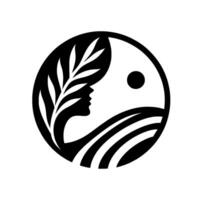 A minimalist symbolizing harmony, featuring a womans silhouette intertwined with nature elements within a yinyang inspired circle. vector