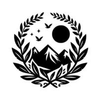 A minimalist emblem showcasing mountains, a sun, birds, and stars, encircled by a wreath of leaves, rendered in striking black and white. vector