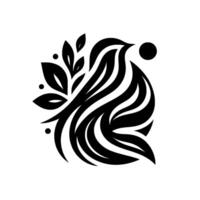 An abstract, elegant black and white illustration of a stylized bird silhouette, integrated with foliage and circles, symbolizing peace and balance. vector